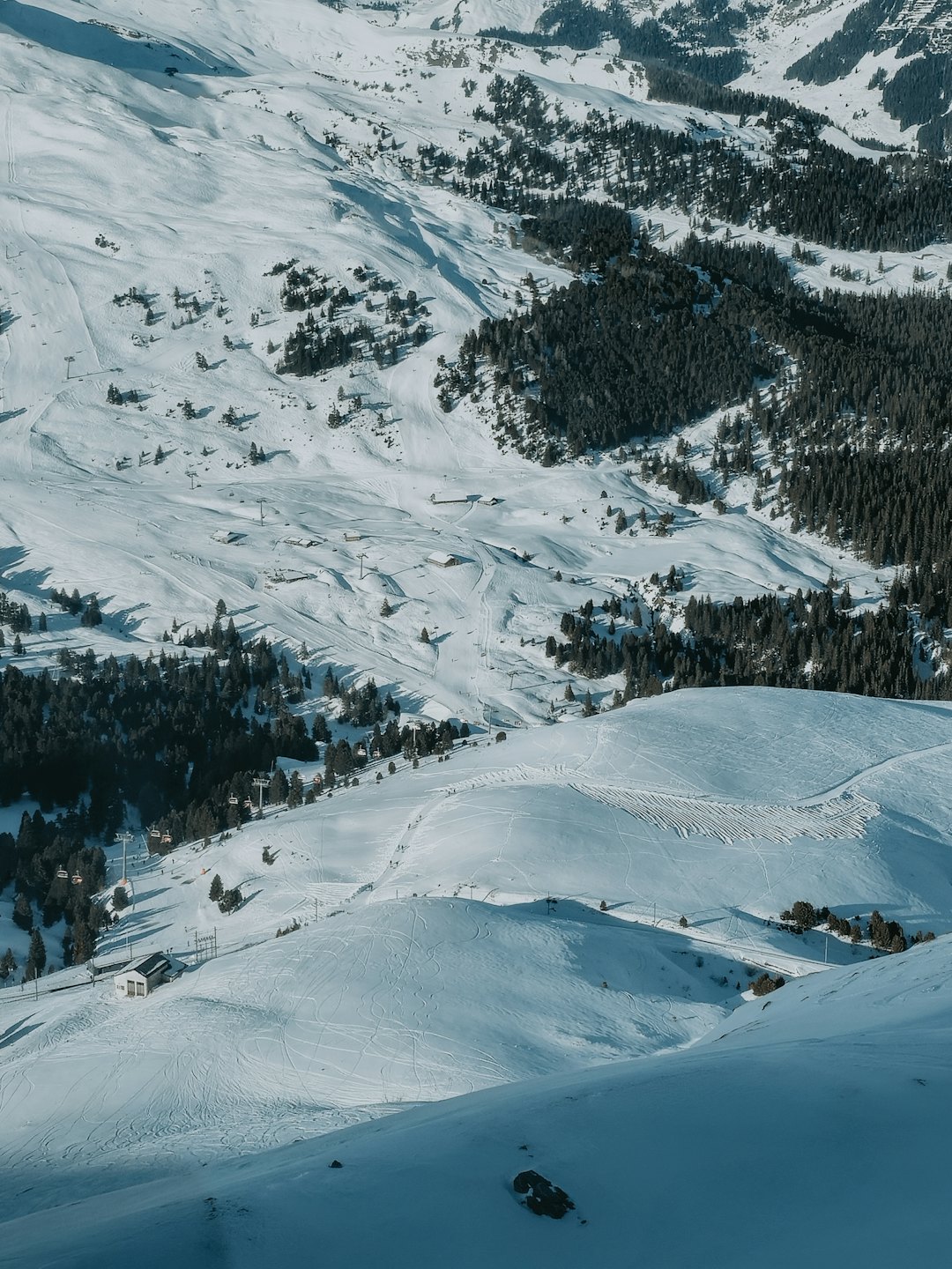 Località sciistica con piste battute e seggiovie su montagne innevate.